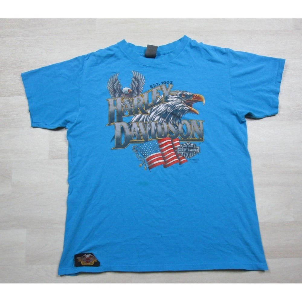 Vintage 3D Emblem Harley‎ Davidson T Shirt (L) Motorcycle Eagle Flag 1990 Ohio